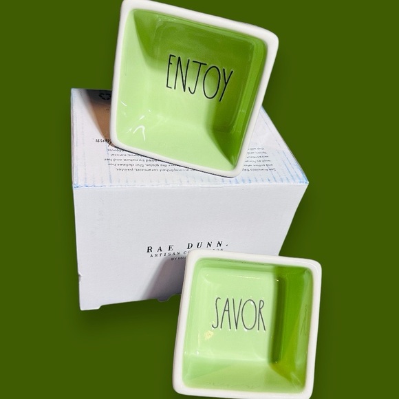 Rae Dunn Artisan Savor and Enjoy Square Ceramic Dipping Bowl Set of 2 - Picture 3 of 12